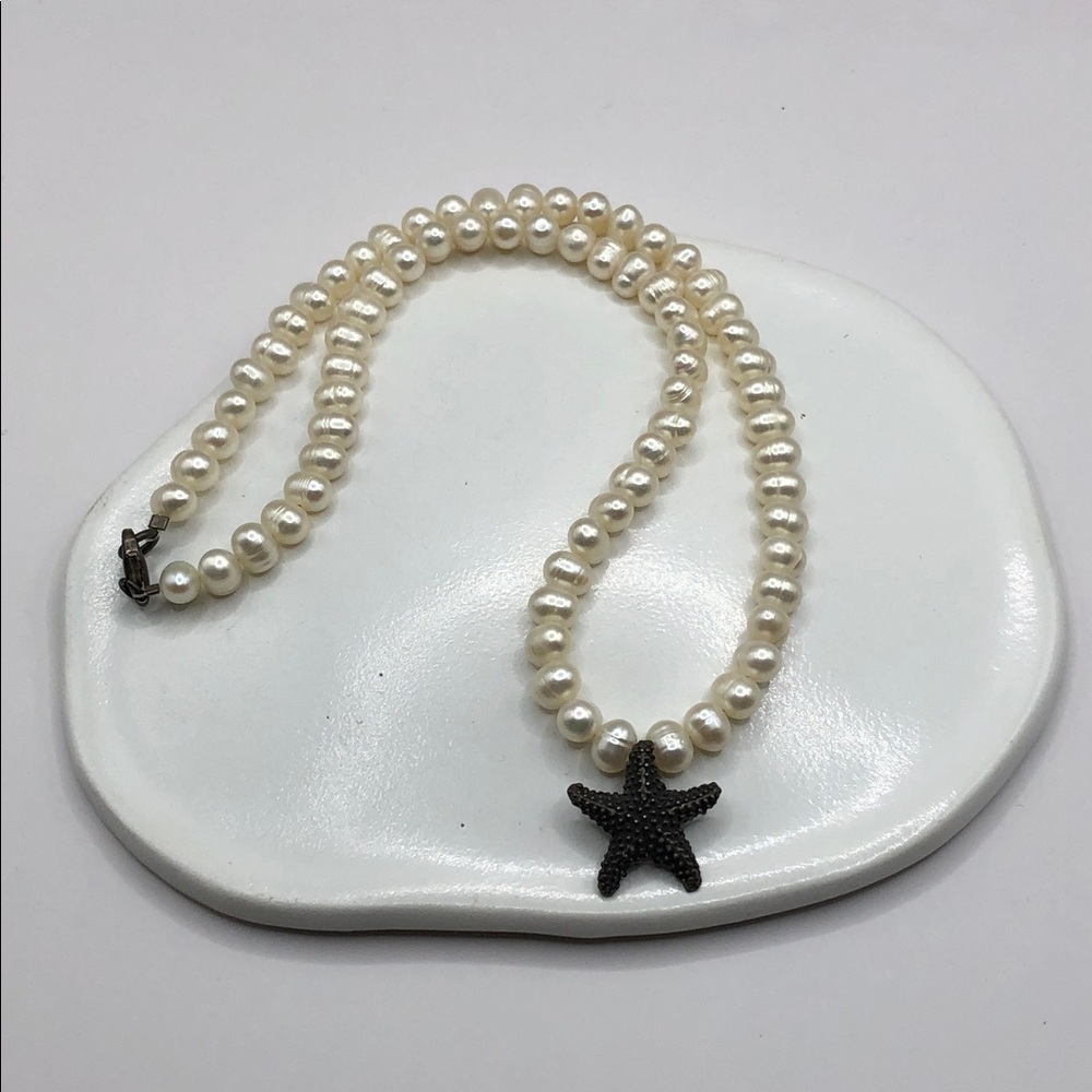 Genuine cultured freshwater pearls necklace starfish charm pendant S silver 925.